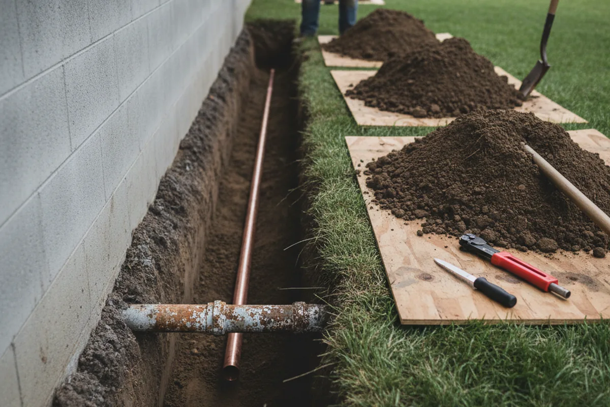 Excavated water line trench during Water Softener Installation in South Plymouth